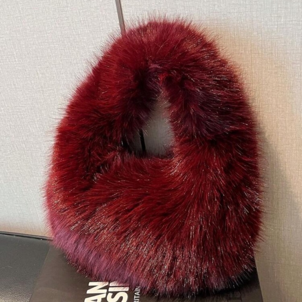 /Winter New Fluffy Handbag, Solid Color Long Plush Cloud & Crescent Moon Design